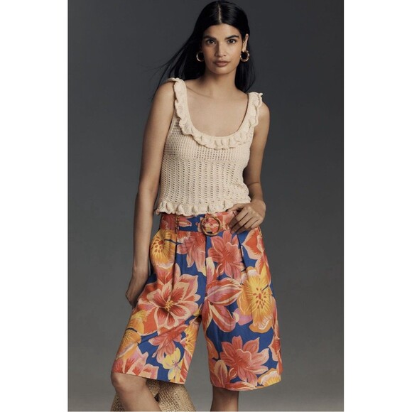 Farm Rio Anthropologie Linen Blend Belted Floral Bermuda Shorts Pink  Sz S NWT - Picture 1 of 9